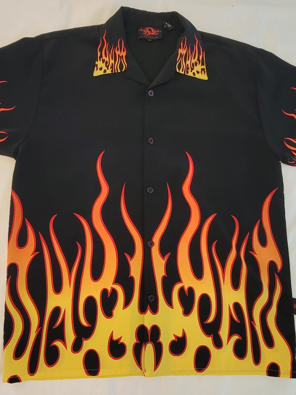 Men's Flame-Print Short Sleeve Button-Up Shirt - Black with Yellow/Orange Flames